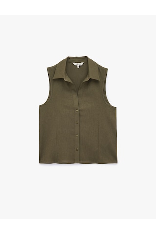 Koton Düğmeli Slim Fit Kolsuz Keten Gömlek Haki 6sak60446pw