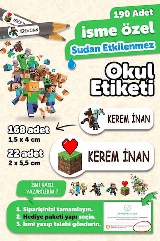 Okul Etiketi Kalem Defter İsimli Etiket Isim Yazılabilen Minecraft - 190 Adet Özel Yeni Tasarım