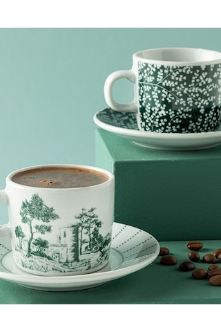 English Home Dear Porselen 4 Parça 2 Kişilik Kahve Fincan Takımı Koyu Yeşil