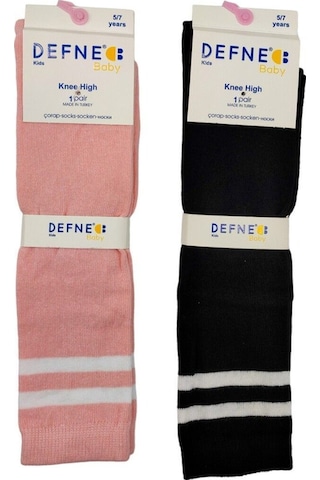 Defne Baby 2 Çift Pamuklu Kız Çocuk Ve Bebek Çizgili Dizaltı Çorap Pembe-siyah