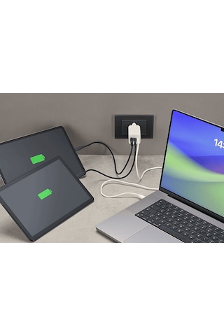 Cellularline Multipower 100 CM 5A Dayanıklı Örgü Usb-C Kablo + 65 W Gan 3 Port Adaptör Beyaz