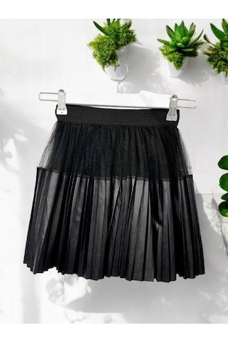 Kız Çocuk Piliseli Deri Tüllü Etek-14835 Siyah