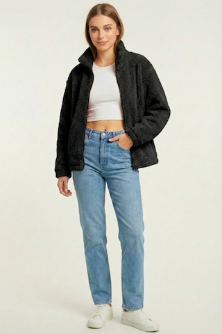 Kadın Peluş Tam Fermuarlı Cepli Sherpa Kuzu Kumaş Oversize Peluş Polar Sweatshirt Siyah