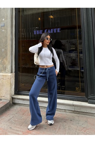 Out Of Standart Kadın Wide-leg Kalıp Beli Lastikli Kordon Detaylı Eşofman Altı İndigo