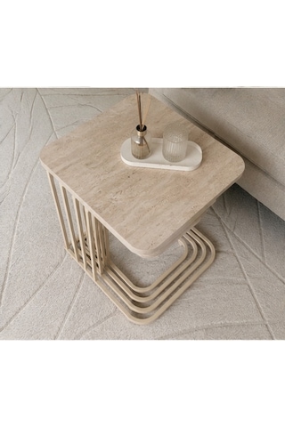 4'lü Tekerlekli Zigon Sehpa Krem Ayak Traverten 18mm Mdf Krem Traverten
