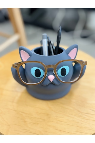 Kedi Tasarımlı Gözlük Ve Kalemlik Standı Çok Amaçlı Masaüstü Organizer 17x12x12cm Gri
