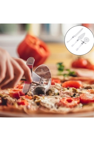 3 Parça Servis Seti Pizza Kesici, Dişli Bıçak Ve Servis Spatulası Paslanmaz Mutfak Seti Gümüş