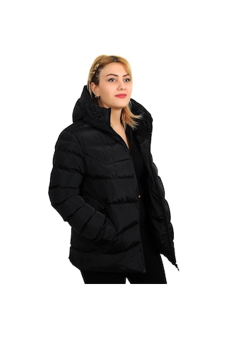 Freemen Kadın Siyah Kapüşonlu Polarlı Kürklü Su Geçirmez Rüzgara Dayanıklı Şişme Mont Siyah