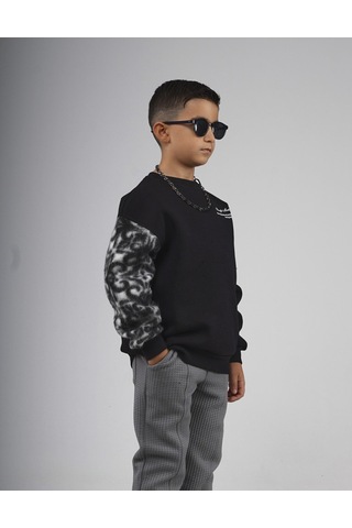 King-Brich Kingbrich Kids Bisiklet Yaka Kolu Garnili Baskılı Çocuk Sweatshirt SIYAH