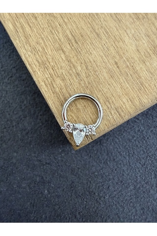 316 L Cerrahi Çelik Oval Zirkon Taşlı Pırlanta Model Halka Piercing Beyaz