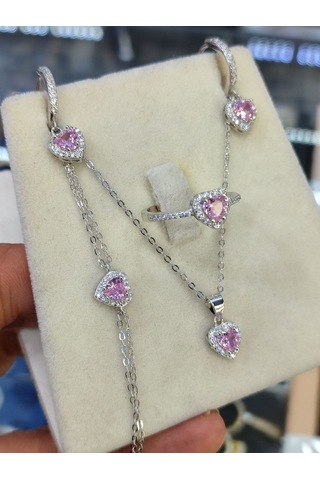 925 Ayar Gümüş Pembe Kalpli 4 'lü Gümüş Set, Kolye, Küpe, Yüzük V