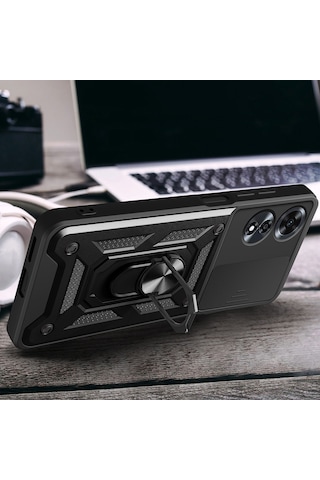 Oppo A60 Kılıf Lens Standlı Yüzüklü Kamera Sürgülü Zırhlı Kapak