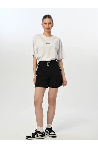Kız Çocuk Nakışlı Oversize Tasarım Şort Takım-15775 Beyaz