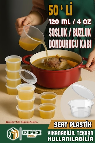 50 Adet Sızdırmaz 120 Ml Mini Saklama Kabı Sosluk Buzluk Kabı, Et Suyu, Kemik Suyu, Sos Kabı Mutfak Diğer