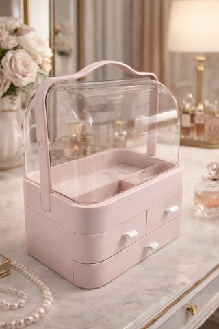 Elora Pembe Makyaj Organizeri, 35x26x17,5 Cm, 3 Çekmeceli, Şeffaf 90 İki Kapaklı