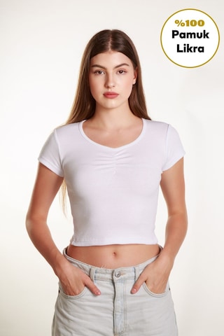 Kadın Fitted Crop Ön Yaka Bözgülü Fitilli Kollu Tshirt Atlet Bluz Beyaz