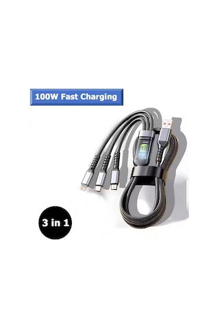 Işıklı 3 İn1 Lightning-micro-type-c 100w Hızlı Şarj Kablosu 3a 1.2m Siyah