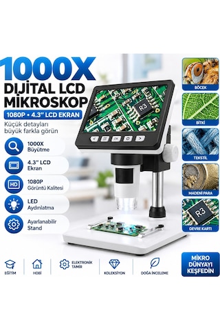 Luve Store 1000x Dijital Mikroskop 4.3 İnç Lcd Ekran 1080p Led Işıklı Usb Bağlantılı Masaüstü Mikroskop