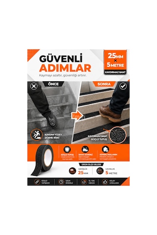 25mm X 5 Metre Siyah Kaydırmaz Bant Güçlü Yapışkanlı Merdiven, Rampa Ve Islak Zemin Güvenlik Bandı