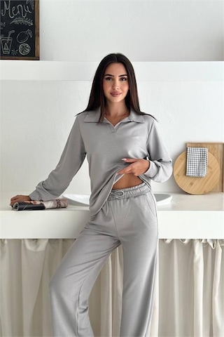 Neşeli Butik Kadın Polo Yaka Modal Uzun Kollu Eşofman Takımı Nbtg108 Açık Gri