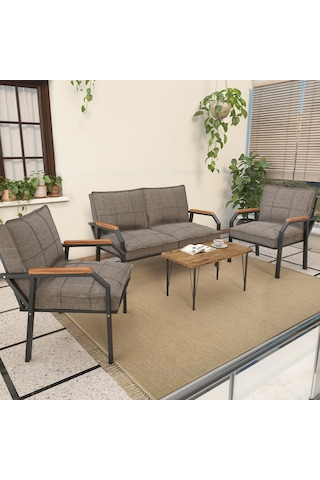 Modern Serisi Balkon, Bahçe, Cafe - Metal Kanepe Koltuk Takımı - 2+1+1 Sehpalı - Cappucino Cappucino