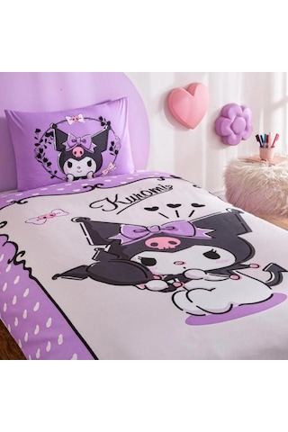 Taç Lisanslı Kuromi Tek Kişilik Pamuklu Nevresim Takımı Mor