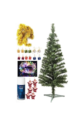 120 Cm Yılbaşı Çam Ağaç Seti 5 Metre Peri Led Işıklı Ve Yılbaşı Süsleri Paketi, Kar Spreyi