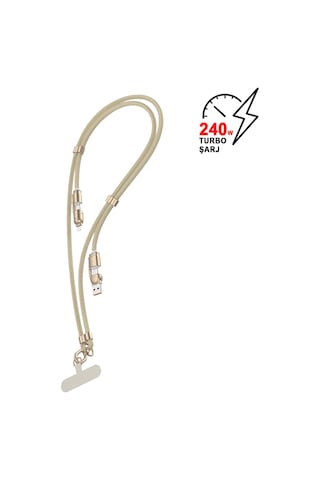 240w 5'i 1 Arada Usb/type-c/lightning Boyun Askılı Turbo Şarj Ve Data Kablosu Hasır Kablo Bej Mt2515