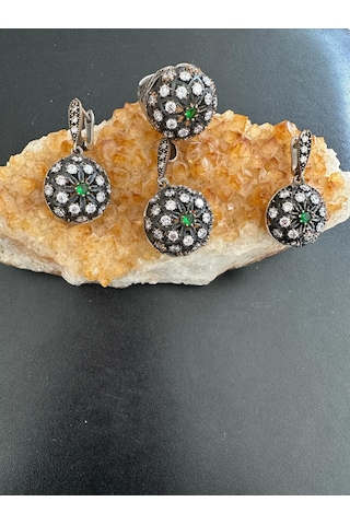 Aysesa Otantik El Yapımı Zirkon Zümrüt Kadın Gümüş Set