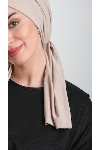 Bej Pratik Hazır Geçmeli Tesettür Bone Kesik Elyaf Sade 2111_12 Bej