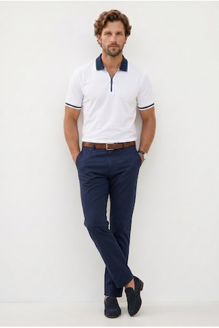 Tudors Erkek Slim Fit Dar Kesim %100 Pamuk Kısa Kollu Yarım Fermuarlı Beyaz Polo Yaka Tişört-50744