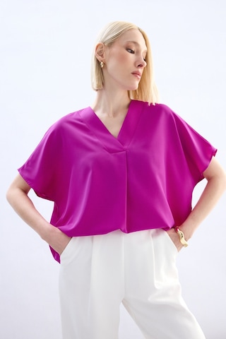 Sateen Geniş Kısa Kollu Bluz - Fuşya-136762 Fuşya