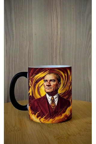 Kişiye Özel Sarı Kırmızı Renk Tasarımlı Atatürk Görsel Temalı Sihirli Kupa Bardak Sarı - Kırmızı
