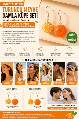 Yıwu Yeni Trendy Turuncu Meyve Kolye Ve Damla Küpe Seti Yaratıcı Alaşım Tasarım Kadınlar Ve Erkekler İçin Eğlenceli Günlük Moda Takısı Turuncu