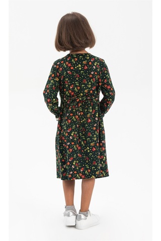 Uzun Kol Asya Yakalı Çocuk Pazen Elbise Çiçek Desen Yeşil