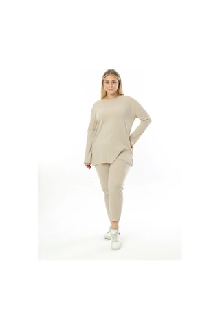 Modasehle Büyük Beden Uzun Kollu Yüksek Bel Beli Lastikli Yırtmaçlı İnce Pijama Takım Uzun-krem