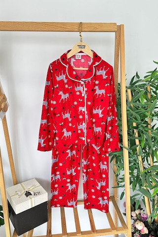 Miniğimin Cicileri Geyik Desenli Süet Kız Çocuk Pijama Takım... Kırmızı