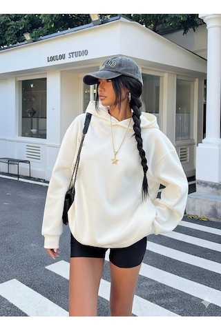 Afri Kadın Ekru Oversize Kapüşonlu Sweatshirt Taş Detaylı F Ck Off Yazılı Rahat Günlük Kapüşonlu Üst Ekru