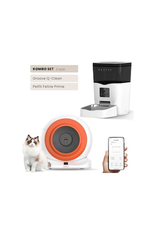 Groove Q-clean Wi-fi Akıllı Otomatik Kedi Tuvaleti Turuncu + Petfit Feline Prime 3l Wi-fi Kameralı Akıllı Otomatik Mama Kabı Besleme Ünitesi Bundle