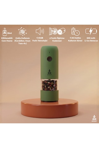 Pizen Windmill Usb Şarjlı Otomatik Baharat Öğütücü Led Işıklı Ayarlanabilir Tuz Karabiber Değirmeni Yeşil