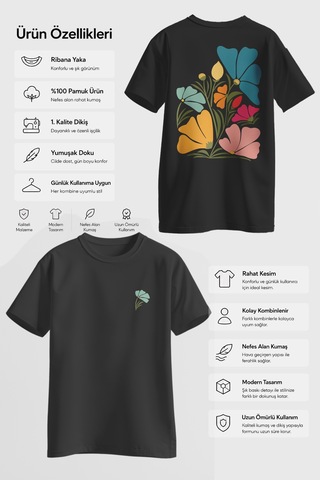 Spoyi Pastel Flora Tasarımlı %100 Pamuk Yarım Oversize Siyah T-shirt