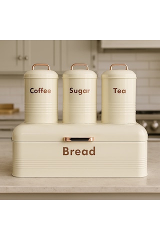 4 Lü Mutfak Seti Ekmeklikçay Kahve Şekerlik Krem 43x20 Krem