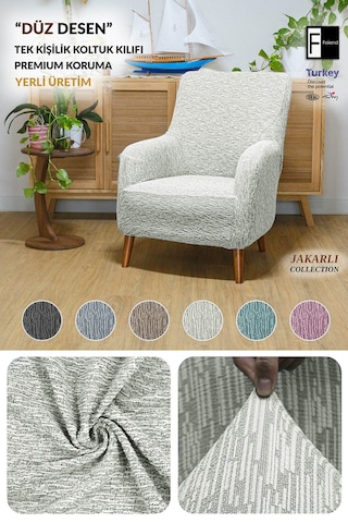 Jakar Tekli Lastikli Kanepe Örtüsü Lastikli Berjer Koltuk Örtüsü Koltuk Kılıfı Krem