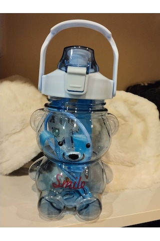 Ayıcıklı Matara 1000 Ml, Şeffaf Su, Suluk, Okul, Ofis, Seyahat, Bpa İçermez Mavi Plastik Diğer