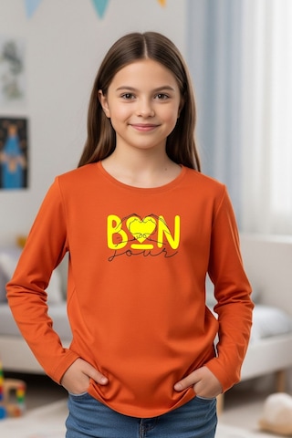 Yuvarlak Yaka Kalp Baskı Detaylı Kız Çocuk Sweatshirt Turuncu