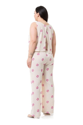 Büyük Beden Kalın Askılı Fermuarlı Beli Lastikli Pembe Çiçekli Kadın Tulum