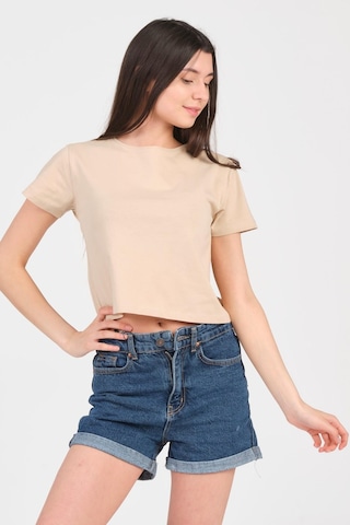 As Collection Bej Bisiklet Yaka Kısa Kol Örme Kadın Crop Bej