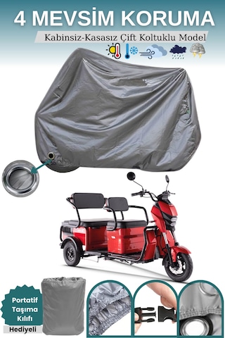 Gri Kilit Uyumlu Çift Koltuklu 3 Kişilikli 3 Tekerlekli Elektrik Motosiklet Brandası Moped Brandası