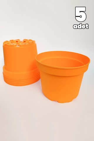 Dış Mekan Büyük Saksı Plastik 5 Adet Yuvarlak Turuncu Tekpar
