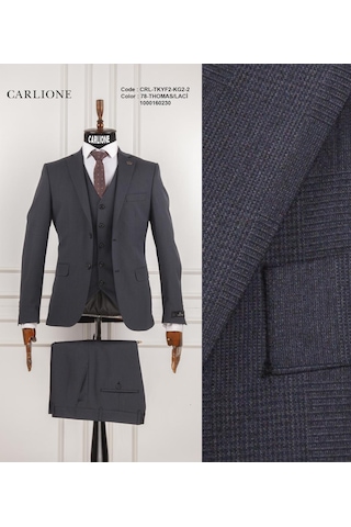 Fabio Cassel Slim Fit Mono Yaka Çift Yırtmaçlı Astarlı Takım Elbise Yelekli Lacivert